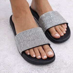 Sparkle Slide Sandals - Silver Crystal Band
